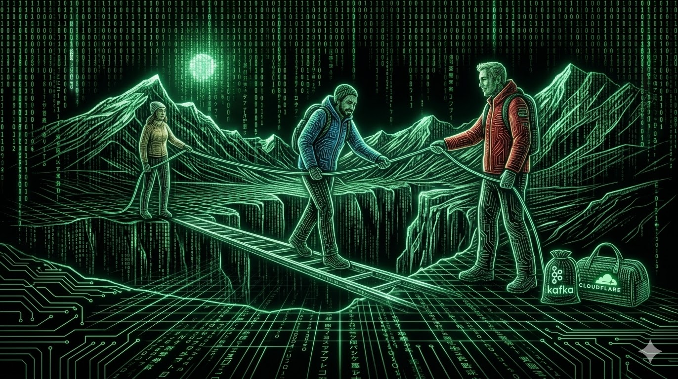 Mountain climbers crossing rope bridge